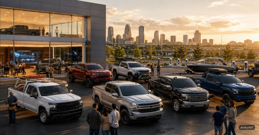 2026 Chevrolet Silverado 1500 trims comparison in a modern USA dealership and highway setting