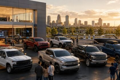 2026 Chevrolet Silverado 1500 trims comparison in a modern USA dealership and highway setting