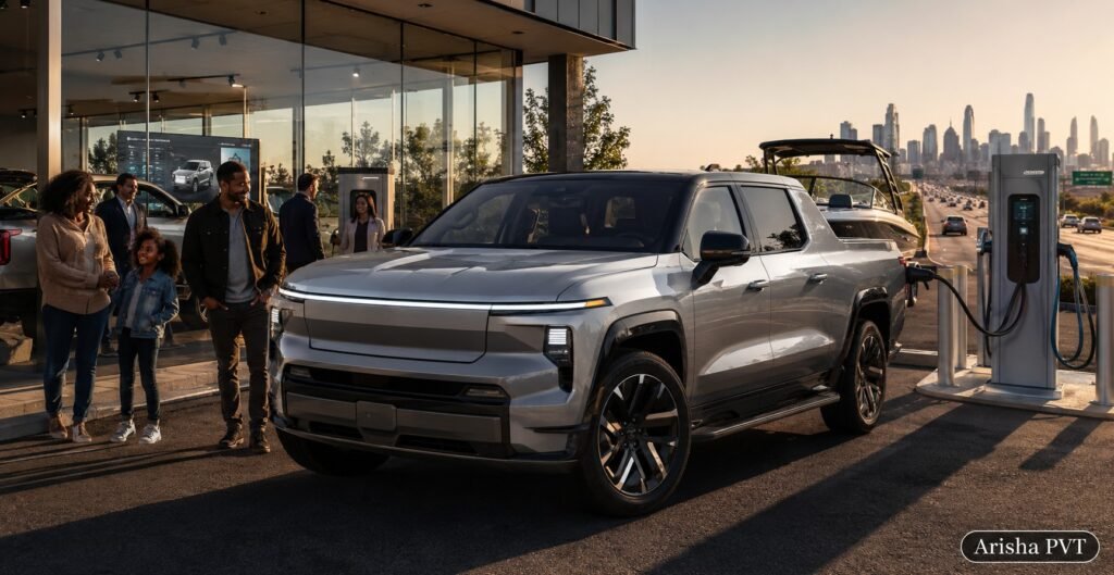 2026 Chevrolet Silverado EV-inspired electric pickup truck at a modern US charging station with highway and smart city background