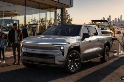 2026 Chevrolet Silverado EV-inspired electric pickup truck at a modern US charging station with highway and smart city background