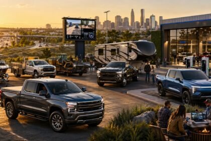 Image Alt Text: 2026 Chevrolet Silverado-inspired pickup trucks towing camper, boat, work trailer, and EV trailer in a modern USA automotive setting
