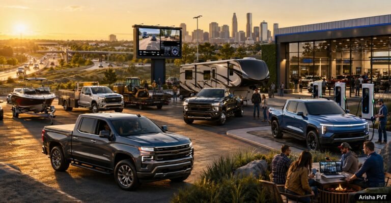 Image Alt Text: 2026 Chevrolet Silverado-inspired pickup trucks towing camper, boat, work trailer, and EV trailer in a modern USA automotive setting
