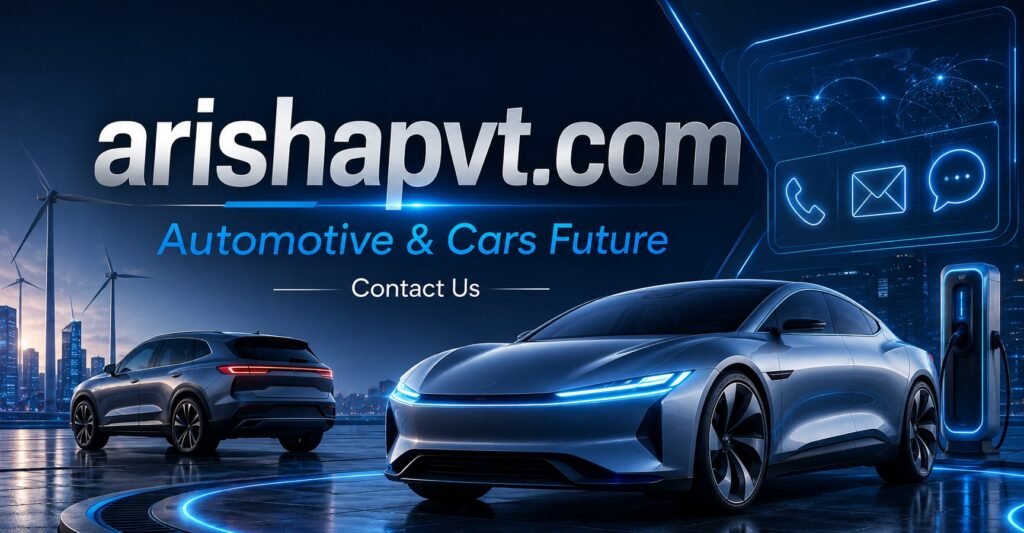 ArishaPVT Contact Us image with automotive future theme, contact icons, electric vehicles, and smart car technology