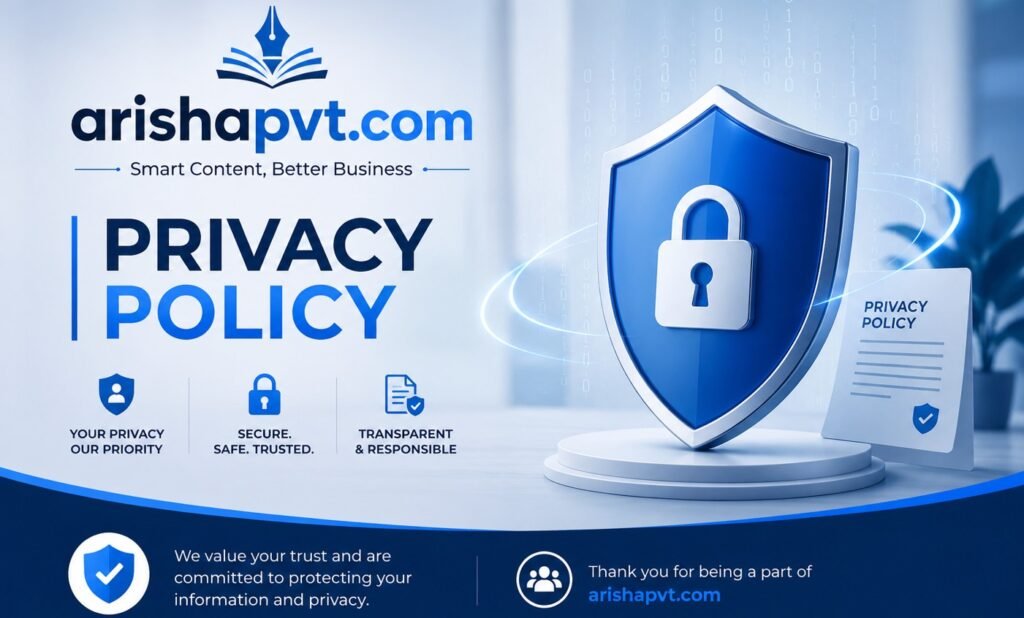ArishaPVT Privacy Policy image showing data protection, security shield, privacy lock, and trusted website information