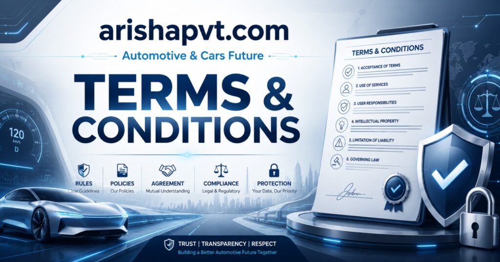 ArishaPVT Terms and Conditions image showing website rules, policy agreement, compliance, protection, and automotive future theme