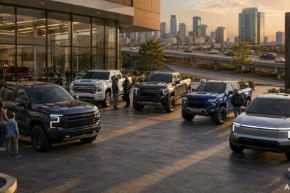 2026 Chevrolet Silverado inspired pickup truck lineup with EV truck, HD work truck, and off-road models in a modern United States automotive setting