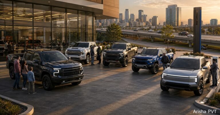 2026 Chevrolet Silverado inspired pickup truck lineup with EV truck, HD work truck, and off-road models in a modern United States automotive setting