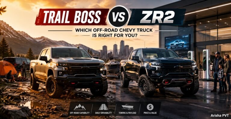 Silverado Trail Boss vs ZR2 off-road Chevy truck comparison in a modern USA automotive setting