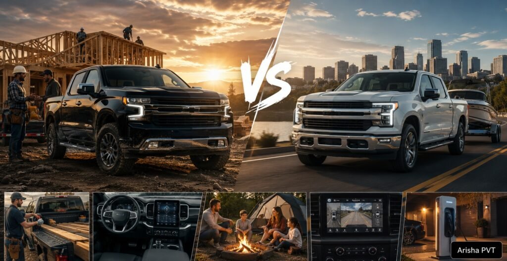 2026 Chevrolet Silverado inspired pickup truck beside Ford F-150 inspired pickup truck in a USA dealership and highway comparison scene