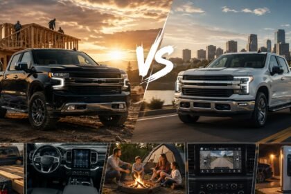 2026 Chevrolet Silverado inspired pickup truck beside Ford F-150 inspired pickup truck in a USA dealership and highway comparison scene