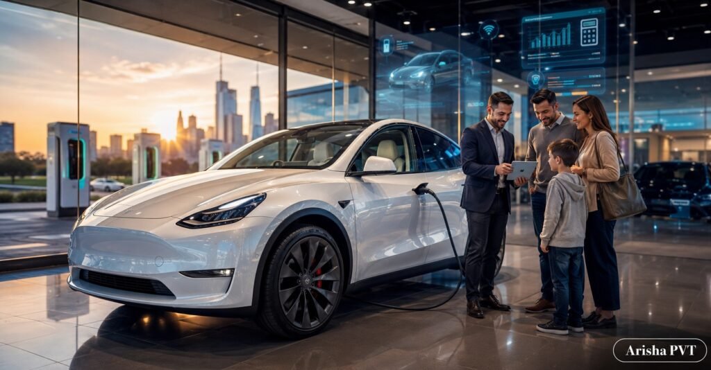 Tesla Model Y inspired electric SUV in a modern US EV showroom with buyers comparing price and charging costs