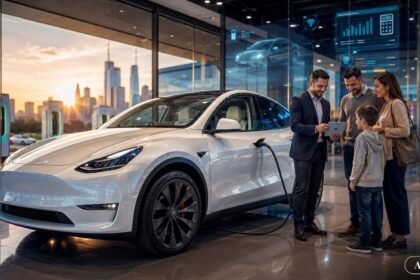 Tesla Model Y inspired electric SUV in a modern US EV showroom with buyers comparing price and charging costs
