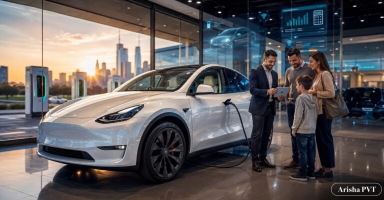 Tesla Model Y inspired electric SUV in a modern US EV showroom with buyers comparing price and charging costs